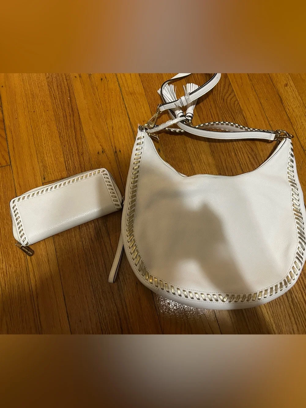 Michael Kors Lauryn Large Shoulder Bag Leather Optic White And Wallet